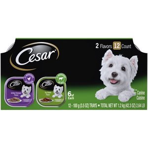 lot 148 image: (12 Pack) CESAR Wet Dog Food Classic Loaf in Sauce Top Sirloin & Grilled Chicken Flavors Variety Pack, 3.5 oz. Trays