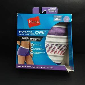 lot 280 image: Hanes Cool Dri Womans Tagless Boy Briefs Size 7 Large (3-pack)