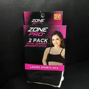 lot 346 image: Zone Pro Total Comfort Spaghetti Style Ladies Sports Bra 2 Pk White Black 2x