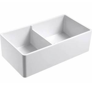 lot 5252 image: Sutton Place Reversible Farmhouse Fireclay 33 in. 5545 Double Bowl Kitchen Sink in White with Grid and Strainer