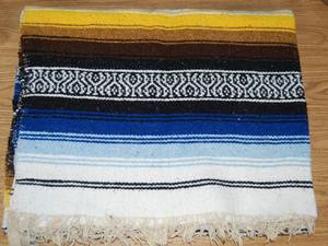 lot 2858 image: Beautiful Afghan Blanket,  Blue, Yellow, and White       Approximately 50x80