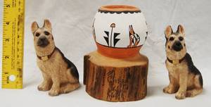 lot 2887 image: 2 German Shepherd Figurines (Stone Critters) and a Wood Western Pencil and Pen Holder