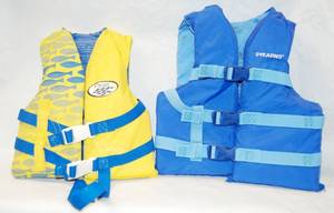 lot 2935 image: 2 Youth Life Jacket, (Yellow Life Jacket is Small, Fits 30-50 lbs)  (Blue Life Jacket Fits  50-90 lbs)