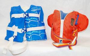 lot 2936 image: 2 Infant Child Life Jackets, w Underneath Protective Strap   See Photos for Weight &amp Size