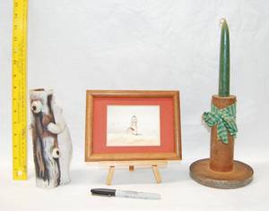 lot 2964 image: Bear Figurine, Light House Picture with Stand, and VERY NEAT Wood Candle Holder, See Photos