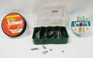 lot 2977 image: 2 Fishing Spools of Line, a Plastic Cabelas Box of Sinkers