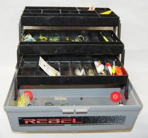 lot 2978 image: REBELE Tackle Box, w Bobbers, Fishing Jigs and more,&nbsp See Photos&nbsp
