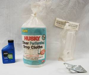 lot 2987 image: Super Tech Universal 2-Cycle Engine Oil, 8oz --  Hushky Clear Perforated Drop Cloths 10 ft x 100 ft and Flag Pole Adjustable Bracket