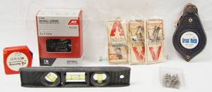 lot 2992 image: Tape Measure 12ft, Box of Drywall Screws 6 x 1 12in,, Victor Mouse Traps, Great Neck Chalk Line 100ft,, Screw Head Bits and Sm Leveler