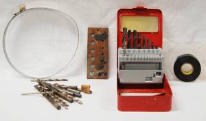 lot 2994 image: Lot of Misc. - Clamp, Drill Bit Sizer, Craftsman Drill Bit case and Bits, Electrical Tape, Drill Bits - Different Sizes