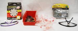 lot 2998 image: Sanding Discs, Clamps, Ear Plugs, Stanley Sharp Shooter (Stapler), and 2 Pair of Safety Glasses