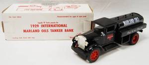 lot 4570 image: 1929 International Marland Oil Tanker Bank Truck, (Locking Coin Bank w Key) Die-Cast Metal