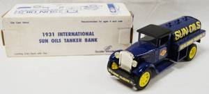 lot 4589 image: 1931 International Sun Oils Tanker Bank Truck, with Locking Coin Bank, wKey.  (Die-Cast Metal)
