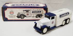 lot 4610 image: 1930 Diamond T Fuel Tanker CHAMPLIN, Collector Series No. 1, with Locking Coin Bank, w Key, (Die-Cast Metal)