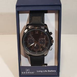lot 202 image: George long life battery black face black leather band 12 hour dial second hand wristband watch Mens