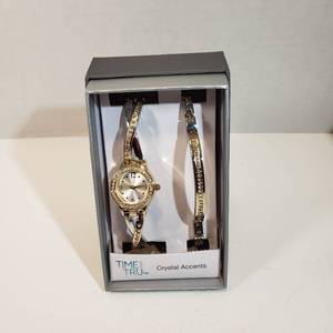 lot 207 image: Time and Tru watch and bracelet set gold and silver with Crystal accents womens watch