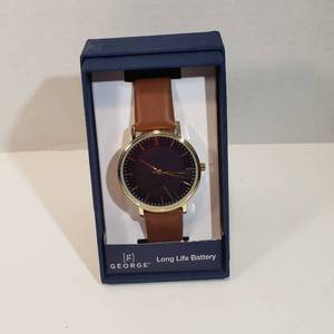 lot 208 image: George 12 hour dial second hand blue face gold trim long life battery Tan wristband watch womens