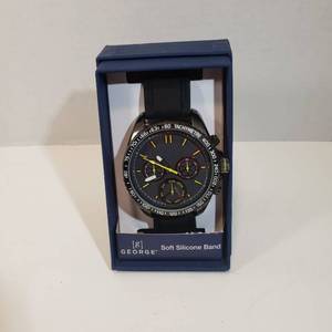 lot 216 image: George Sports watch with 12 hour & Weekday Dial with gray face & yellow second hand soft silicone black band Womens Wrist Watch