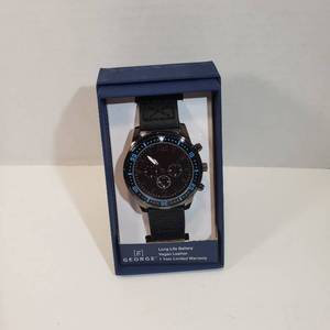 lot 221 image: George sports watch 12 hour dial white minute hand black background on face long-life battery vegan black leather Wristband Watch Mens