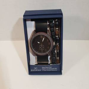 lot 223 image: George Easy Read 12-hour dial second hand wood trim around face Watch and Wooden bracelet set