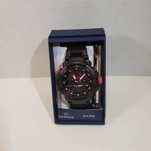 lot 225 image: George Ana-Digi Digital Sports Watch with light stop watch water-resistant 165 feet black and red accents a round face watch and bracelet set Womens