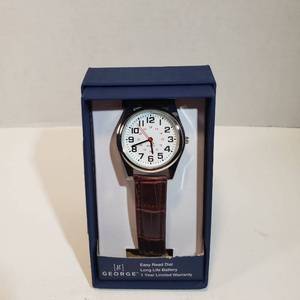 lot 230 image: George Easy Read 24-hour dial red second hand Long Life Battery brown leather wristband watch mens