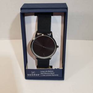 lot 232 image: George 12 Hour Dial with black face &amp second hand Long life battery black soft silicone wristband watch womens