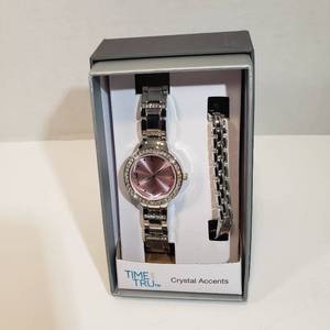 lot 233 image: Time and Tru Watch Bracelet set with Crystal Accents Round 12 hour dial pink face silver wristband watch womens