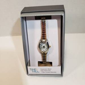 lot 237 image: Time and Tru Easy Read 12-hour dial second hand Quartz Expansion wristband silver and gold trim watch womens