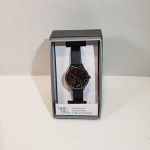 lot 239 image: Time and Tru Crystal Accents Non-numeric Black face Second hand Dial Black Leather wristband watch womens