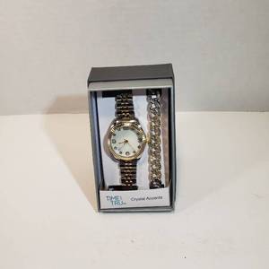 lot 247 image: Time and Tru Watch Bracelet set with Crystal Accents Round 12 hour dial second hand white face silver & gold wristband watch mens