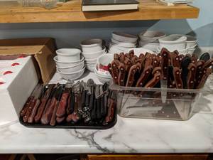 lot 8553 image: Bowls, Four Cow Creamer Pourers, Utensils And More