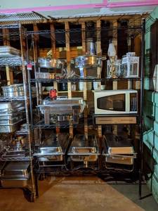 lot 8594 image: Shelving With Microwave, Cash Drawer, Lanterns And Two Round Chaffing Dishes, Other Contents Not Included