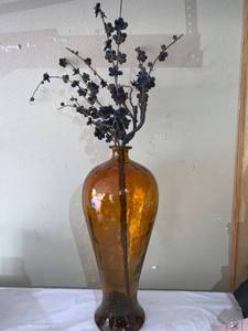 lot 4595 image: Amber Glass Vase With Black Faux Flowers Location D1