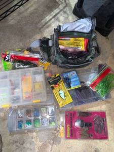 lot 4633 image: Lot of Fishing Gear. Bag Containers Lures Worms Jigs Location A2