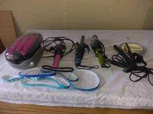 lot 4640 image: Nice Lot Of Ladies Hair Care Tools Nike Hair Bands, Chi Flat Iron Etc With Basket