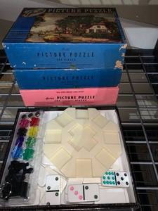 lot 4643 image: Double Twelve Train Domino Package and 3 Vintage Guild Puzzles Location B4