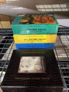 lot 4644 image: Double Twelve Train Domino Package and 3 Vintage Guild Puzzles Location B4