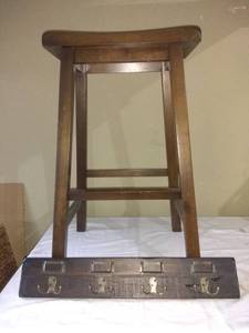 lot 4655 image: Lot Of 2 Wooden Stool With Wooden Wall Mountable Garment Hanger
