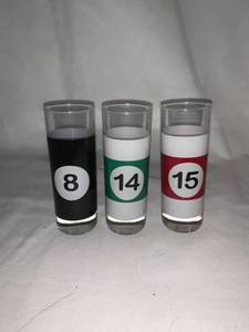 lot 4722 image: Three Billiards Shot Glasses Location C2