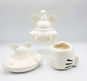 lot 5011 image: Disney Mickey Mouse White Ceramic Bathroom Decor Set - Soap Dish, Mickey Hand Container and Liquid Soap Dispenser