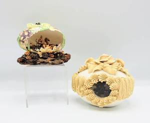lot 5018 image: Vintage Easter Hard Sugar Egg with Bunnies Diorama & Carved Hand Painted Squirrel Nature Egg Diorama