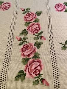 lot 5059 image: Vintage Rose-Motif Cross Stitch Crochet Afghan with Pom Pom Corners Hand Made By Mary Ann Murphy