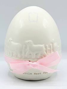 lot 5032 image: Child to Cherish by Perine Lowe My Little Nest Egg Country White with Pink Ribbon Bank in Original Box