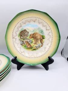 lot 5036 image: 6 Antique Sterling China Transfer Pattern Plates - Buffalo, Deer, Rabbits, Wild Boar, Fox, Bears