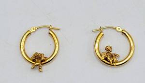 lot 5047 image: 14K Gold Angel Cherub Hoop Earrings Pierced