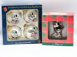 lot 5113 image: 4 New in Box Mickey & Minnie Mouse Glass Ornaments and Minnie Mouse Skiing Ornament