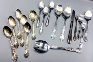 lot 5075 image: (5) American Silver Moselle Spoons pat. 04.10.06, Tudor Stainless, Utica Stainless, 1847 Rogers Bros., Stainless By Oneida Deluxe, Oneida Ltd. Crown Center Hotel, Rogers Stainless Korea, Superior Stainless USA, MASCO Stainless Japan