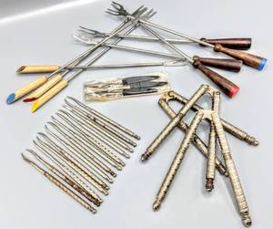 lot 5071 image: Assorted Vintage Lot of Entertaining Utensils including Fondue Forks, Nut Crackers and Picks and more