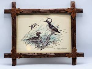lot 5135 image: J. Lockhart Hooded Merganser Wildlife Print in Hand Carved Wood Frame